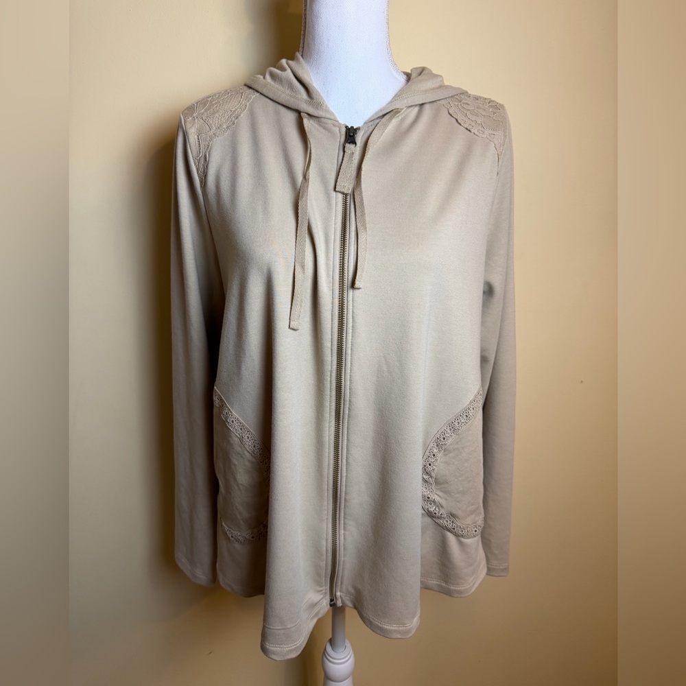 LOGO Lori Goldstein Hooded Zip-Up Medium Beige Jacket - Picture 1 of 11